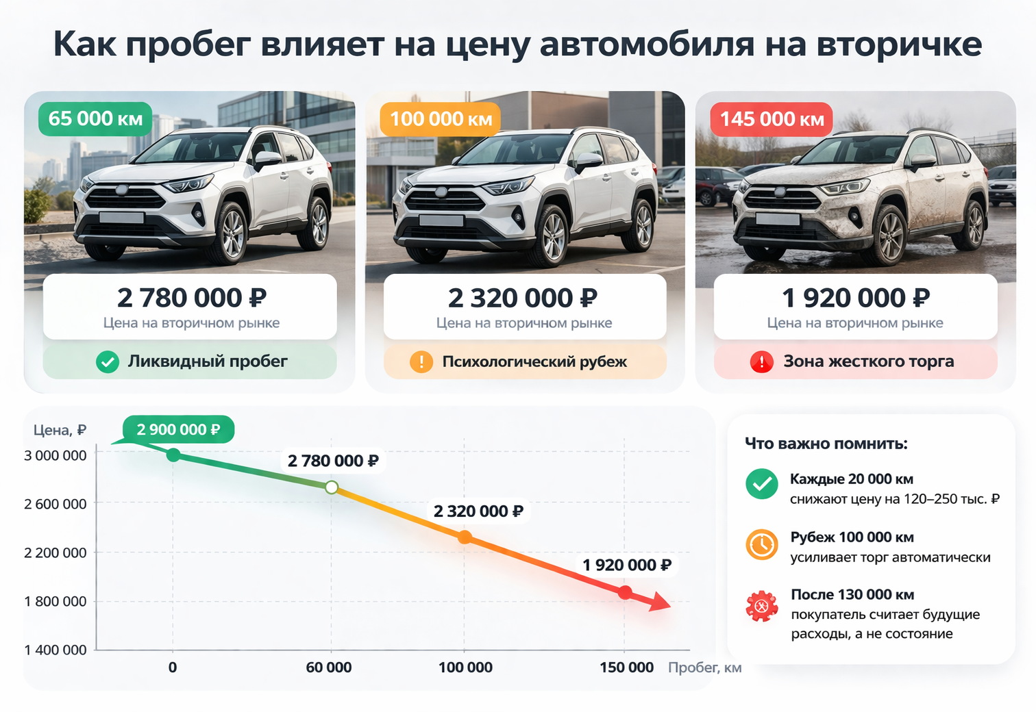 Динамика снижения цены автомобиля на вторичном рынке при увеличении пробега