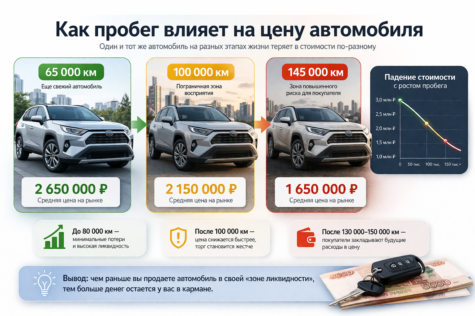 Как падает цена автомобиля с пробегом — 60 000, 100 000 и 150 000 км