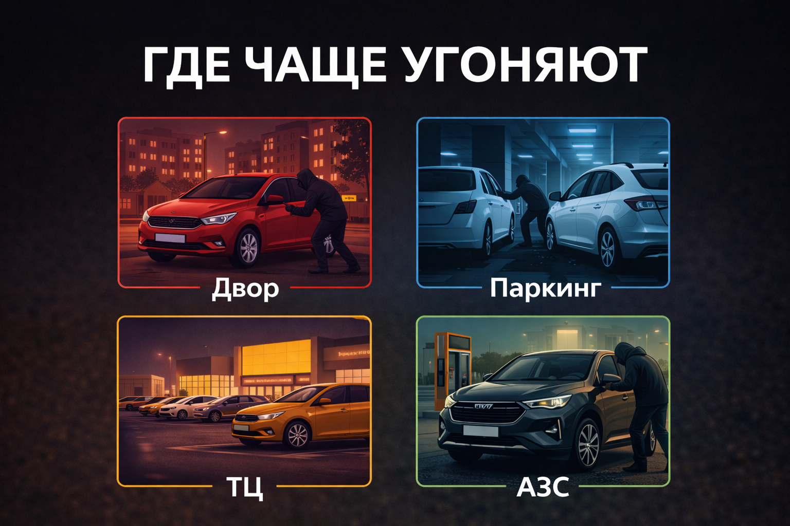 где чаще всего происходят угоны автомобилей где чаще всего угоняют автомобили: двор, паркинг, торговый центр и АЗС