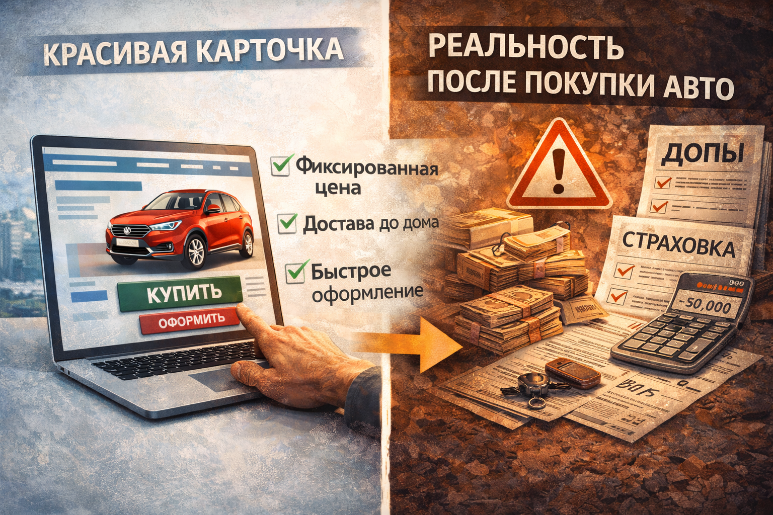 Карточка автомобиля и реальность покупки на маркетплейсе Слева красивая карточка автомобиля на маркетплейсе, справа реальные проблемы после покупки: допы, страховка, расходы и документы