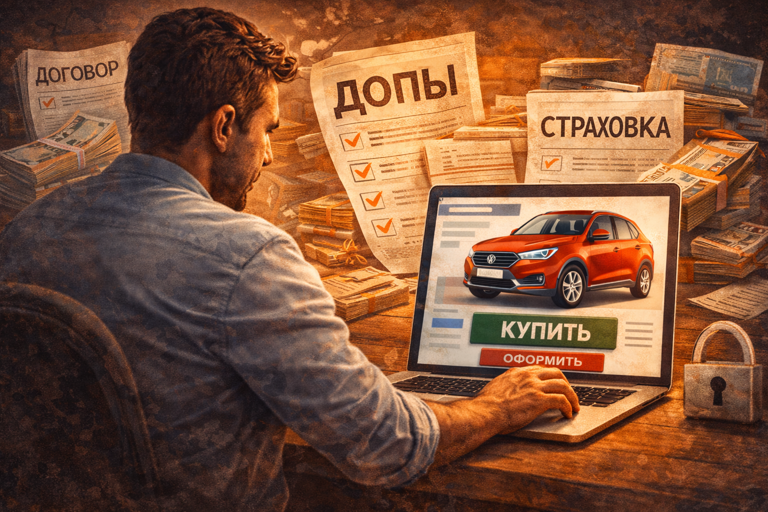 Главная ловушка при покупке авто на маркетплейсе Покупатель нажимает кнопку купить на ноутбуке, а за его спиной появляются договор, допы, страховка и деньги