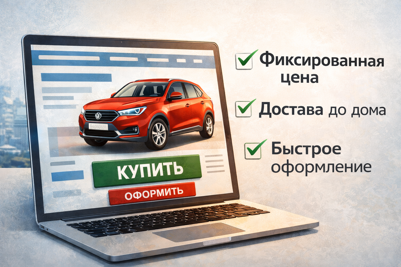 Что обещает маркетплейс при покупке автомобиля Интерфейс маркетплейса с карточкой автомобиля и преимуществами: фиксированная цена, доставка до дома и быстрое оформление