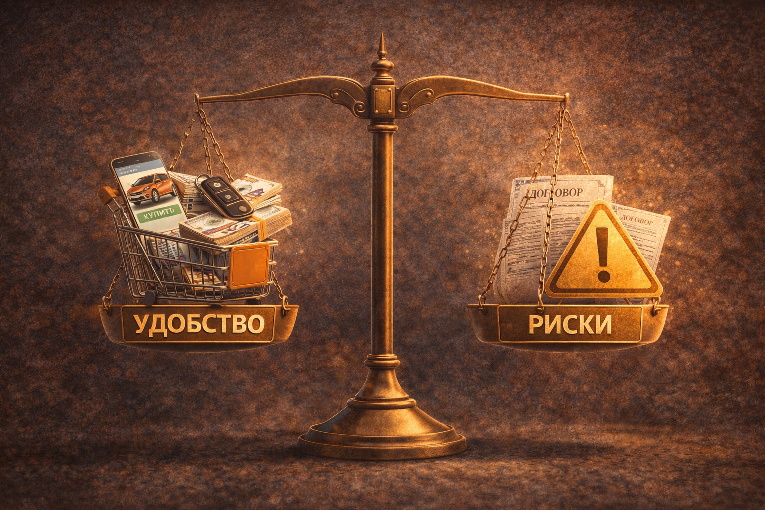 Риски и преимущества покупки автомобиля на маркетплейсе Весы: слева удобство покупки автомобиля на маркетплейсе, справа риски и договорные проблемы