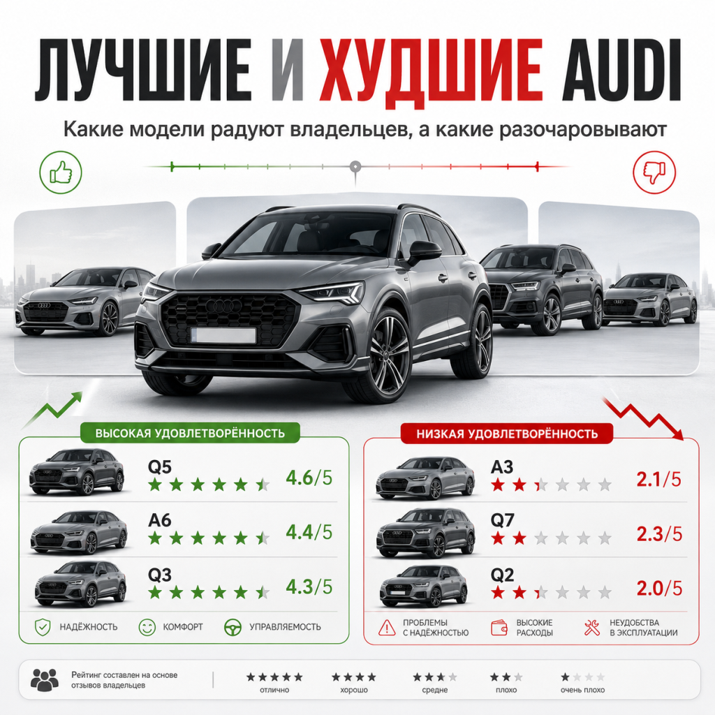 Названы модели Audi с самой высокой и низкой удовлетворённостью владельцев